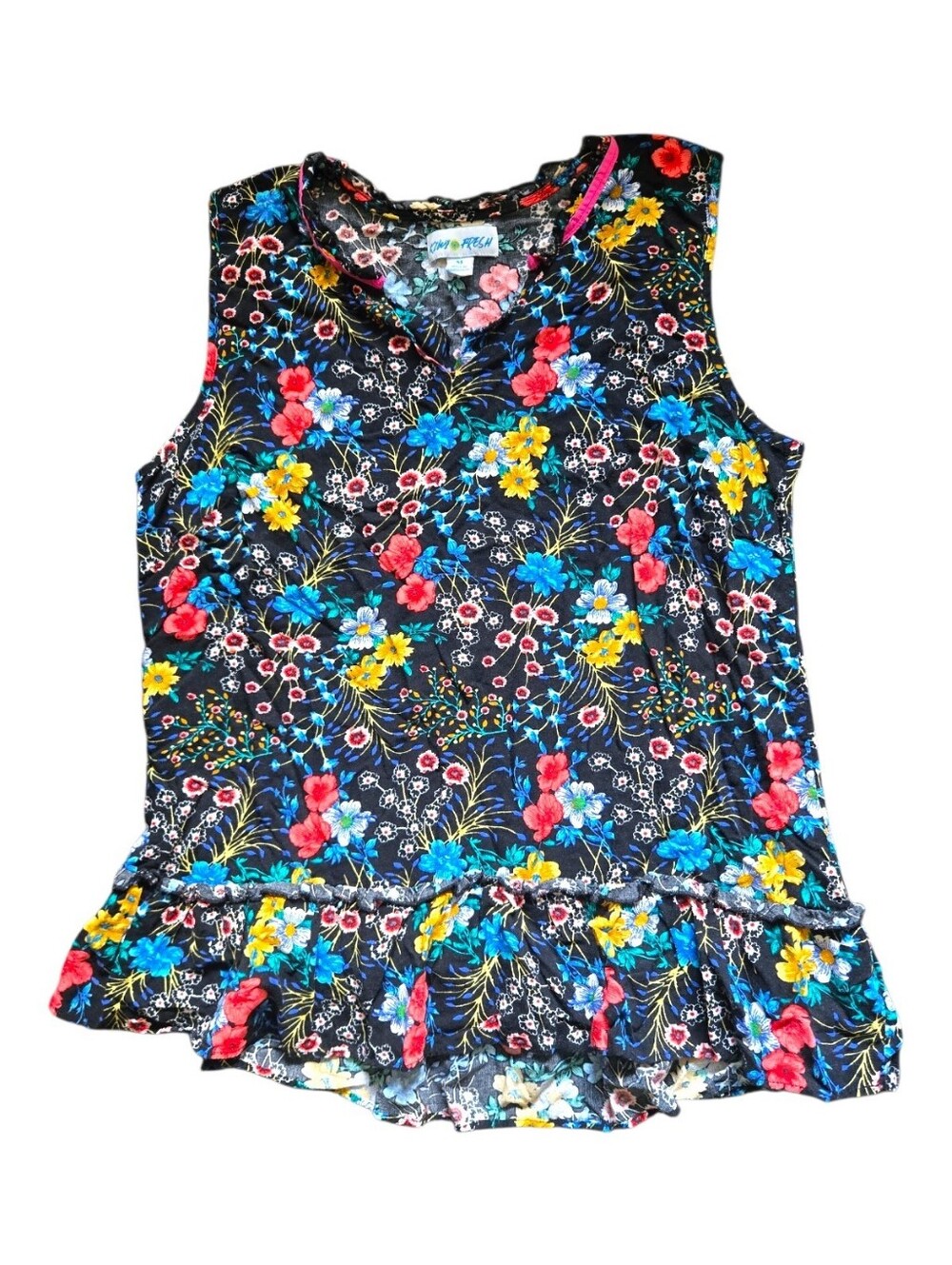 Sleeveless Floral Ruffle Hem Tank - KIWI FRESH - M